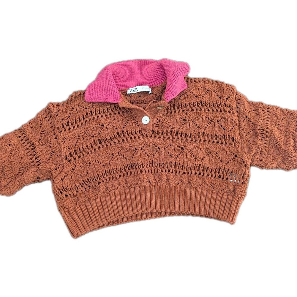Womens Zara Knit Pointelle Crop Top Sz Small Designer Classic Stylish Shirt